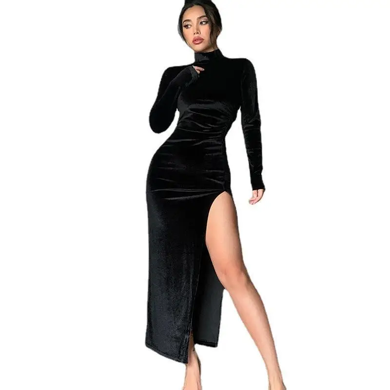 Blue Velvet High Collar Slim Fit Dress with Split