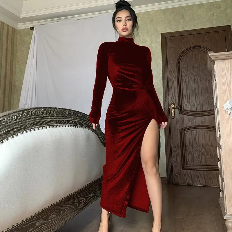 Blue Velvet High Collar Slim Fit Dress with Split