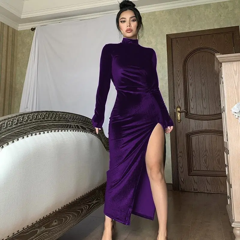 Blue Velvet High Collar Slim Fit Dress with Split
