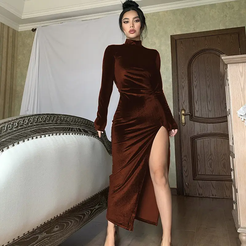 Blue Velvet High Collar Slim Fit Dress with Split