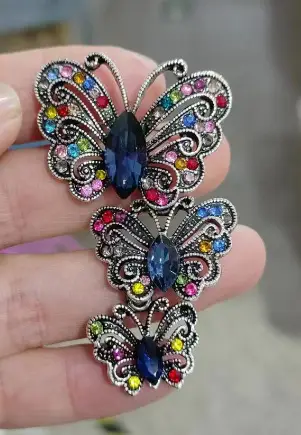 Vintage Silver Butterfly Brooch with Blue Crystal Diamonds - Image 2