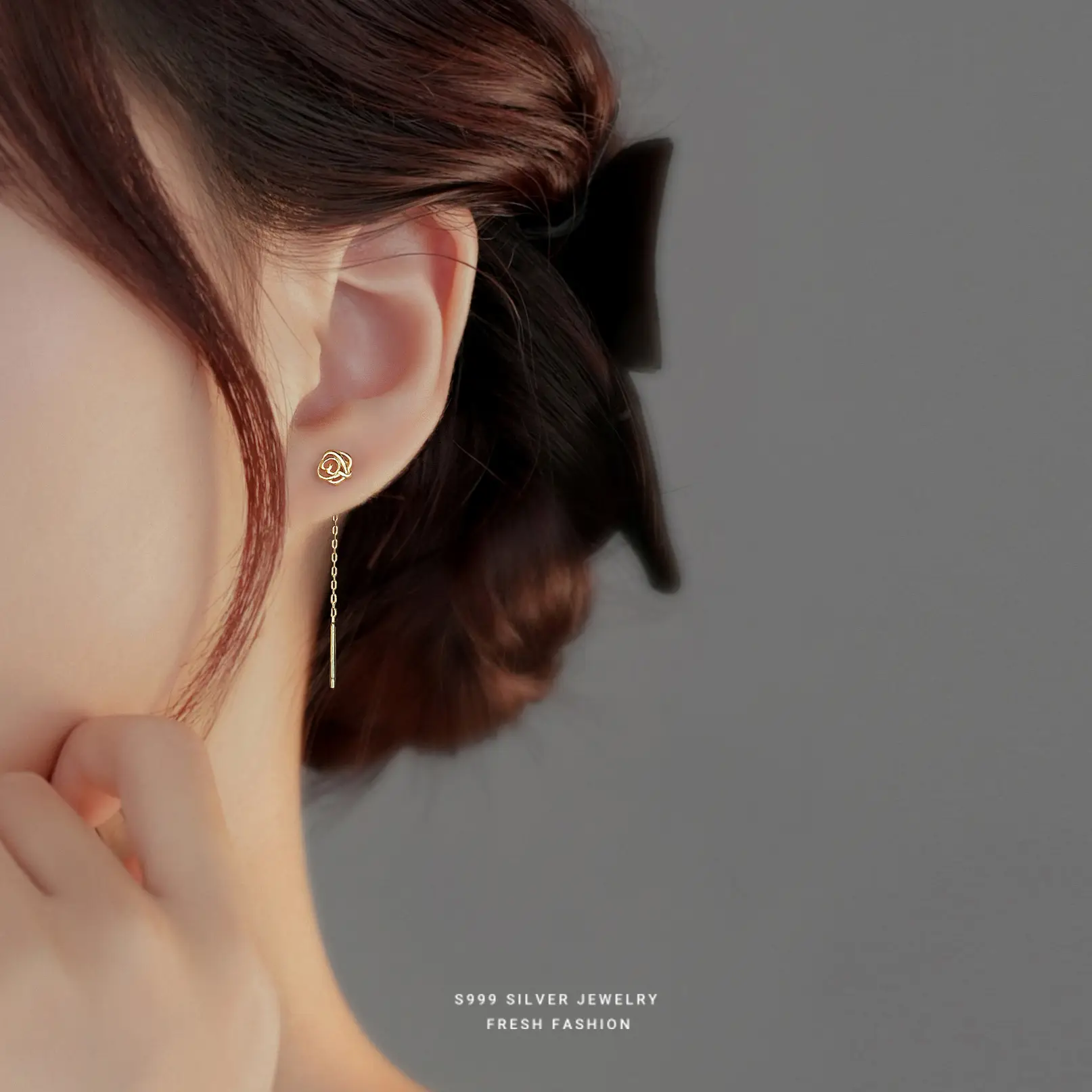 S999 Foot Silver Hollow Rose Tassel Earrings Women's Luxury Elegant French Style - Image 4