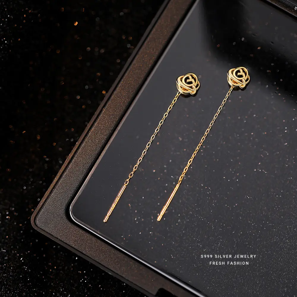 S999 Foot Silver Hollow Rose Tassel Earrings Women's Luxury Elegant French Style - Image 6