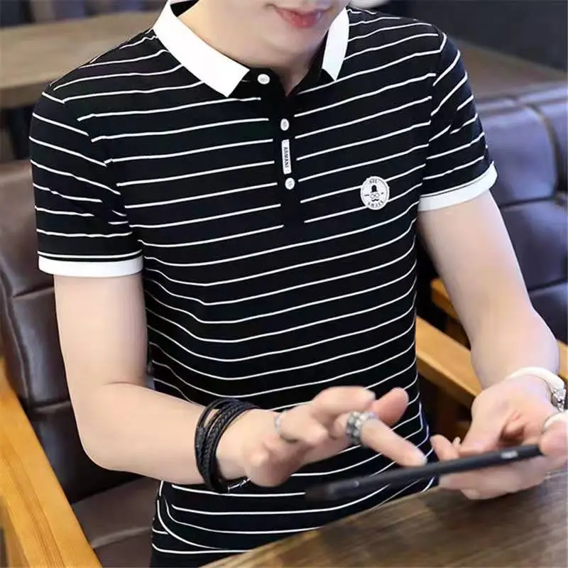 Men Striped Polo T-Shirt Black White Casual Summer - Image 4