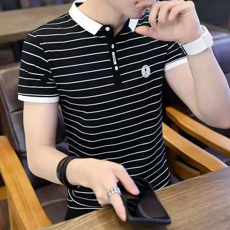 Men Striped Polo T-Shirt Black White Casual Summer - Image 5