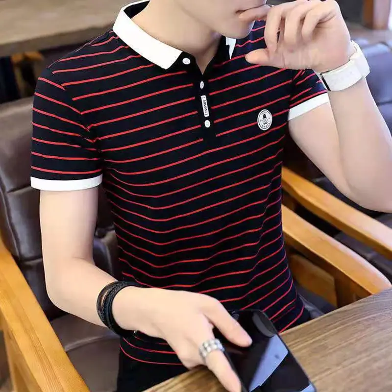 Men Striped Polo T-Shirt Black White Casual Summer - Image 6