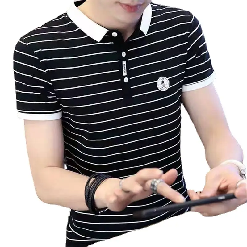 Men Striped Polo T-Shirt Black White Casual Summer - Image 7