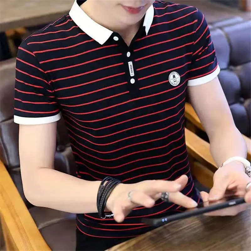 Men Striped Polo T-Shirt Black White Casual Summer - Image 2