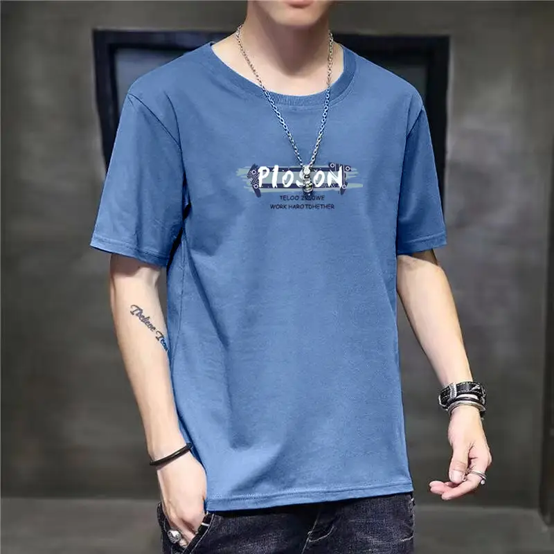 Men Blue Printed T-Shirt Short Sleeve All Match - Image 24