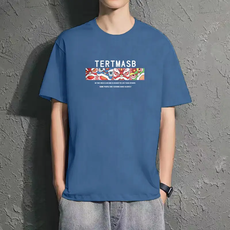 Men Blue Printed T-Shirt Short Sleeve All Match - Image 32