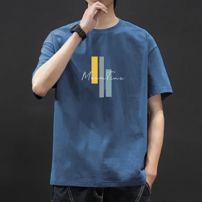 Men Blue Printed T-Shirt Short Sleeve All Match - Image 4