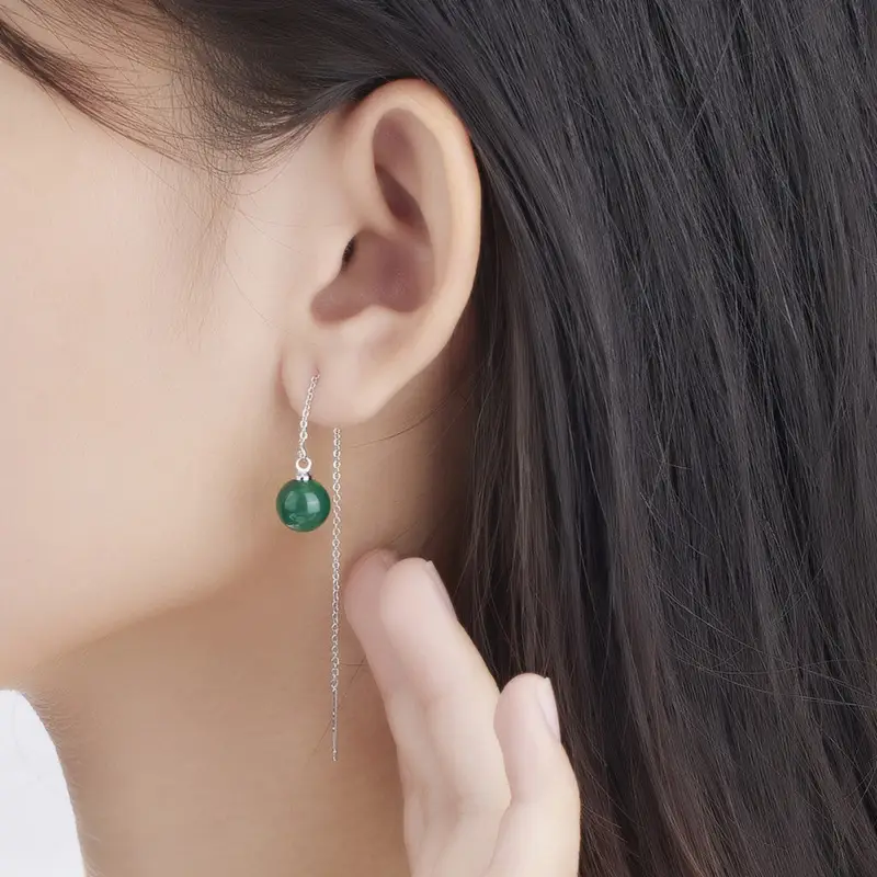 Korean Style Green Agate Dangle Earrings Gold Chain - Image 2
