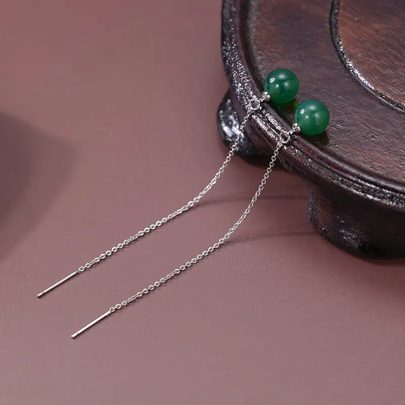 Korean Style Green Agate Dangle Earrings Gold Chain - Image 3