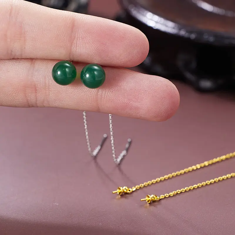 Korean Style Green Agate Dangle Earrings Gold Chain - Image 4