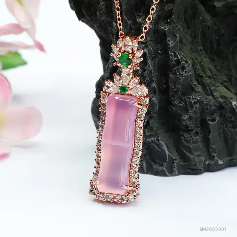 Guan Yu Pink Chalcedony Pendant with Agate Bamboo Joint Necklace - Image 3