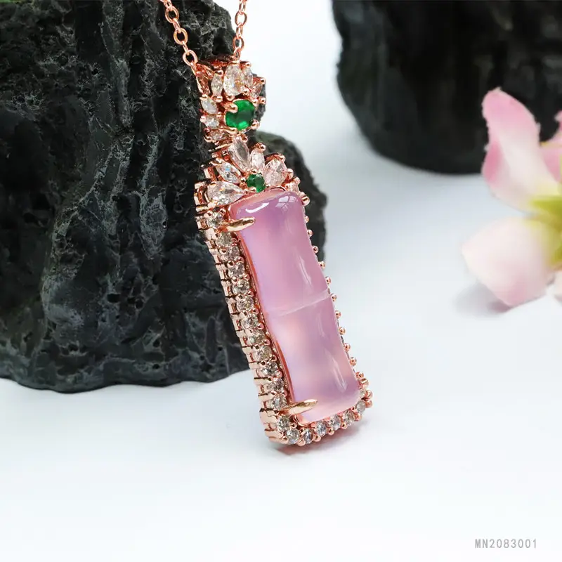 Guan Yu Pink Chalcedony Pendant with Agate Bamboo Joint Necklace - Image 4