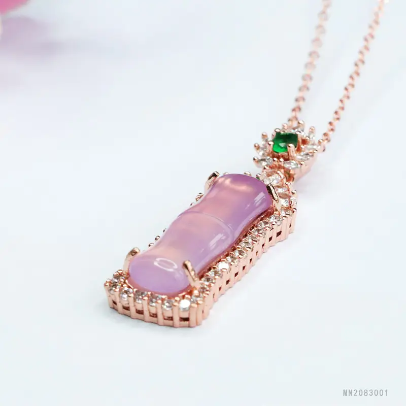 Guan Yu Pink Chalcedony Pendant with Agate Bamboo Joint Necklace - Image 5