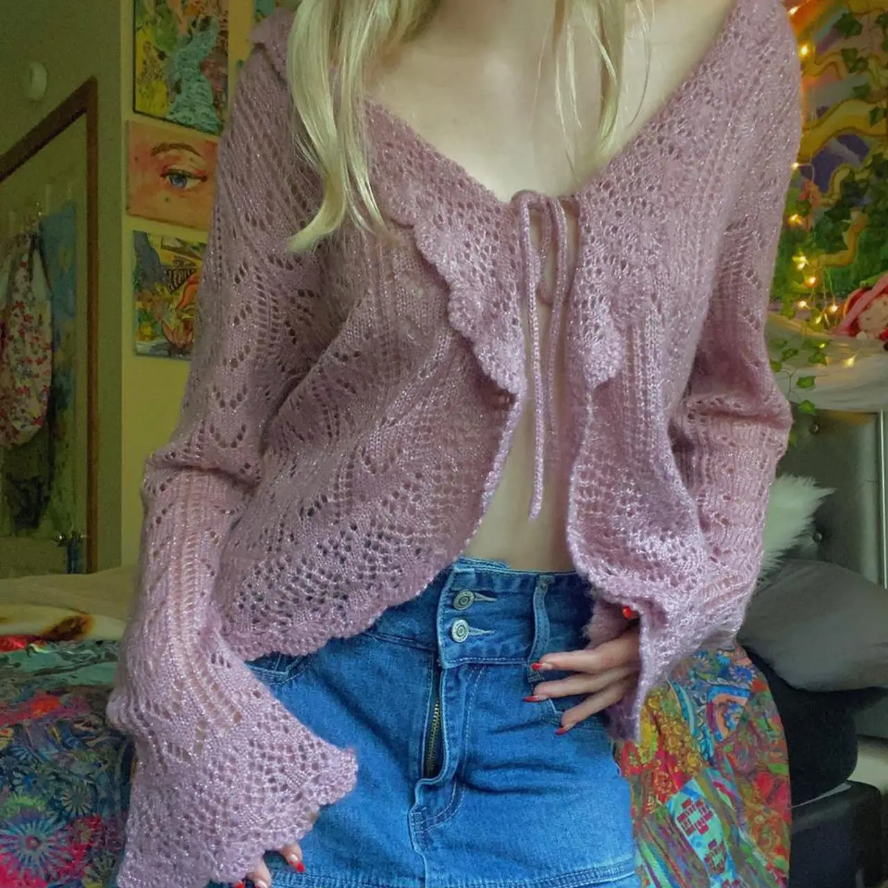 Women's V-Neck Hollow Knit Cardigan Sweater Pink