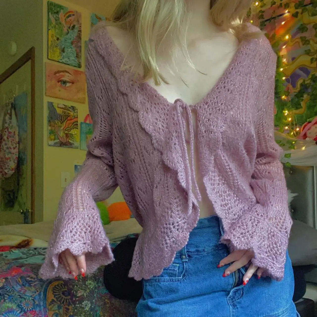 Women's V-Neck Hollow Knit Cardigan Sweater Pink