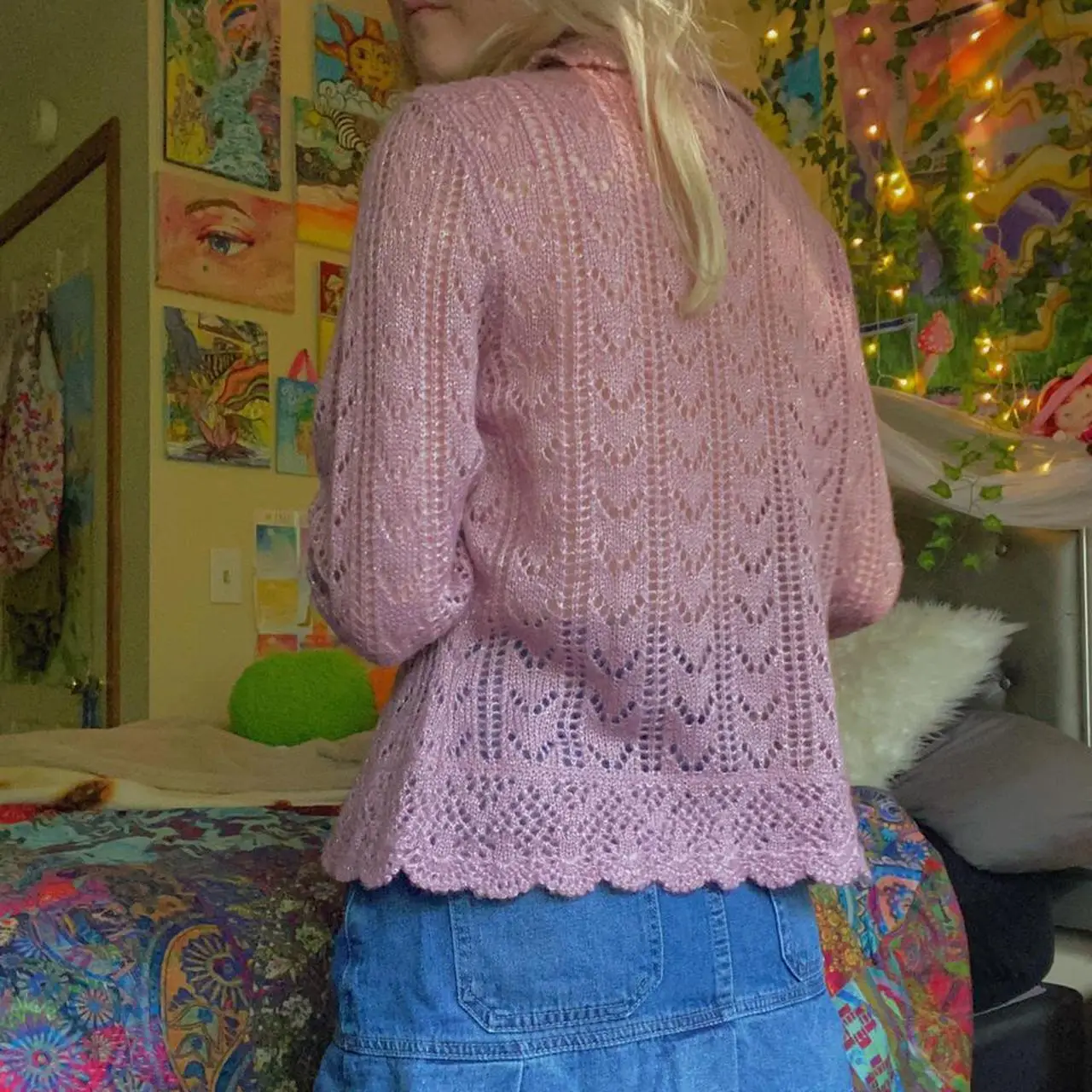 Women's V-Neck Hollow Knit Cardigan Sweater Pink
