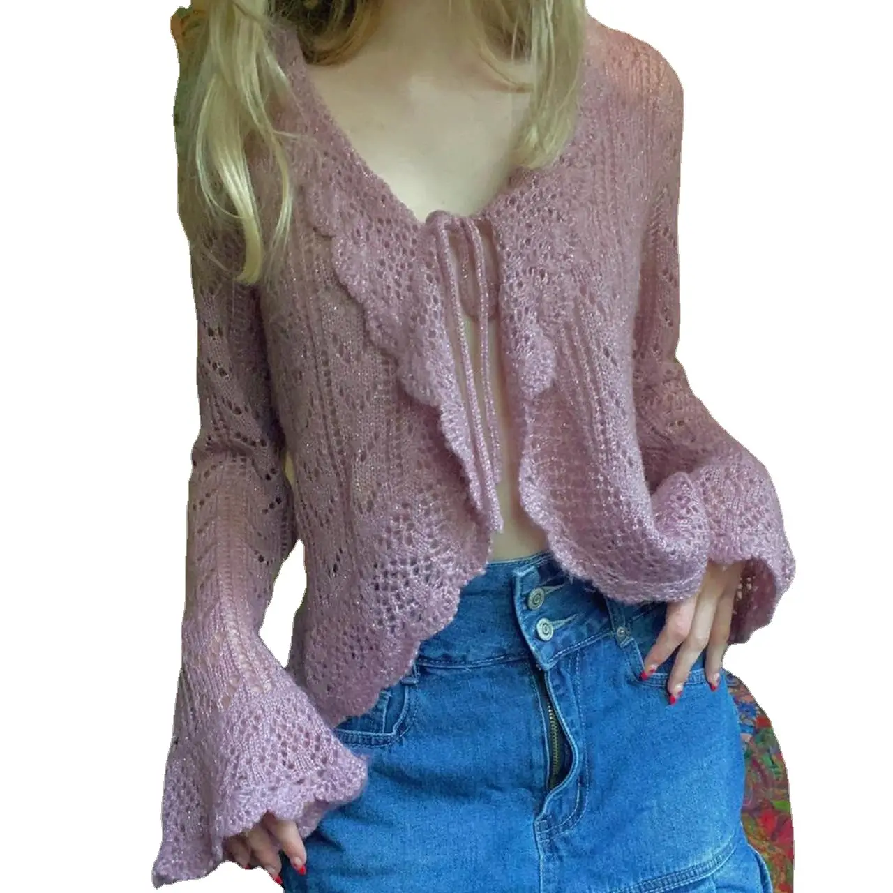Women's V-Neck Hollow Knit Cardigan Sweater Pink