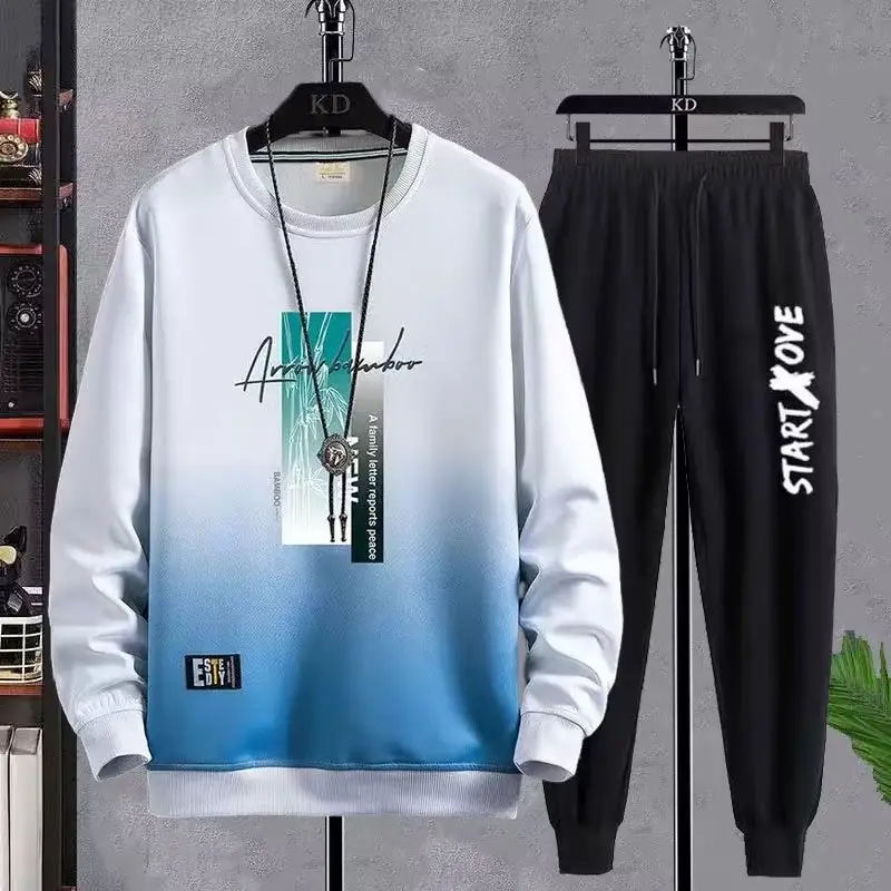 Men Korean Print Sweatshirt Set White Blue Black - Image 21