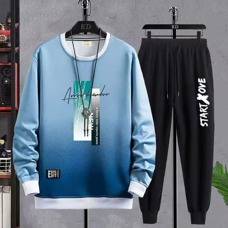 Men Korean Print Sweatshirt Set White Blue Black - Image 23