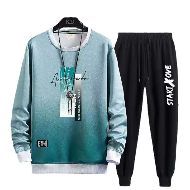 Men Korean Print Sweatshirt Set White Blue Black - Image 24