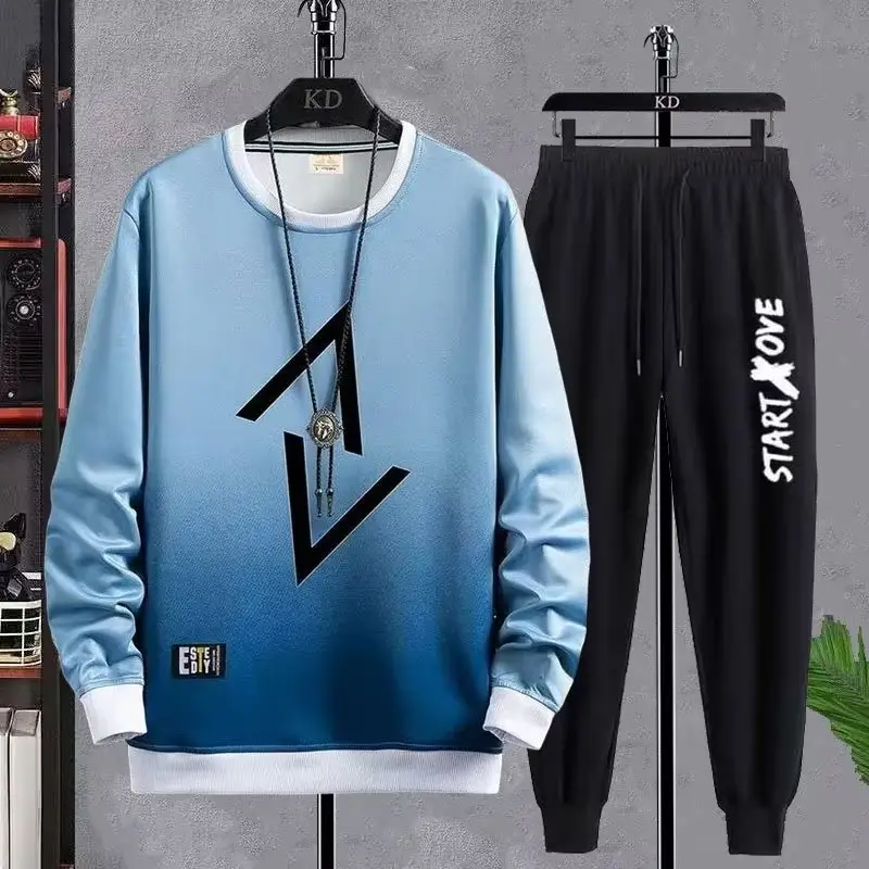 Men Korean Print Sweatshirt Set White Blue Black - Image 11