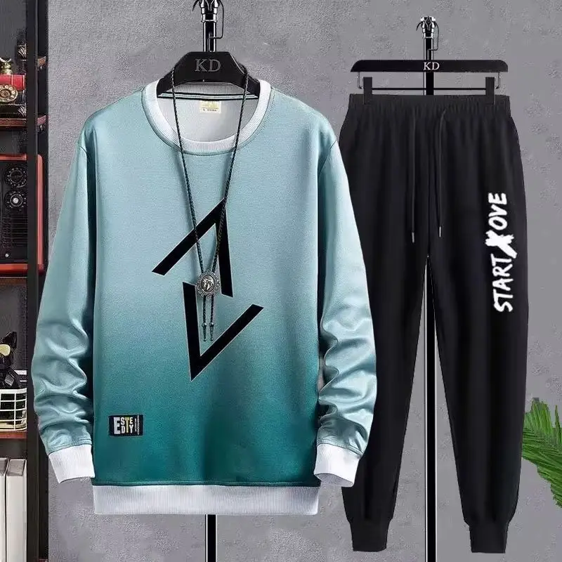 Men Korean Print Sweatshirt Set White Blue Black - Image 12