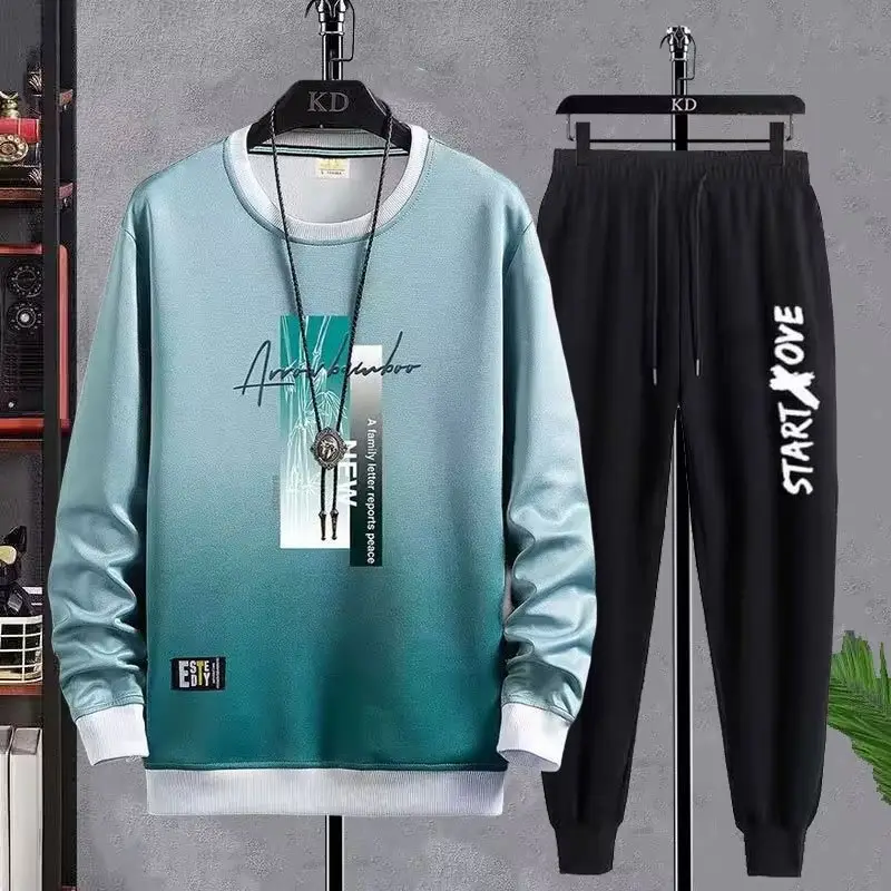 Men Korean Print Sweatshirt Set White Blue Black - Image 2