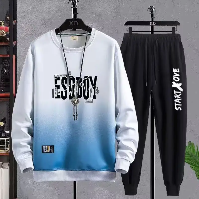 Men Korean Print Sweatshirt Set White Blue Black - Image 3