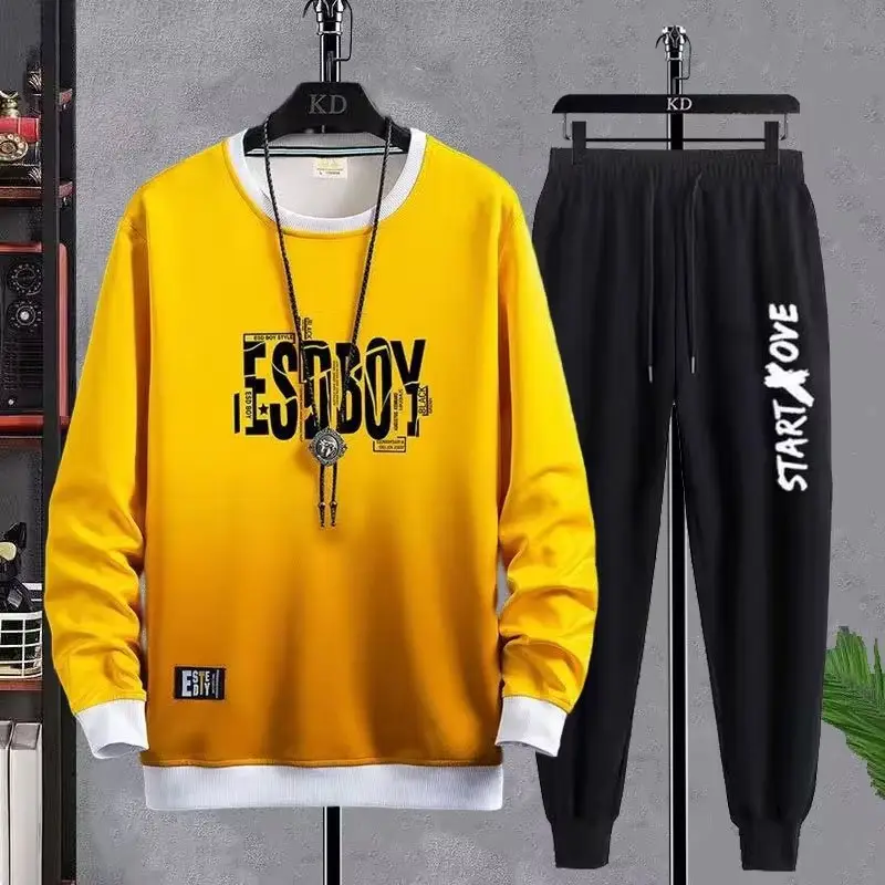 Men Korean Print Sweatshirt Set White Blue Black - Image 4