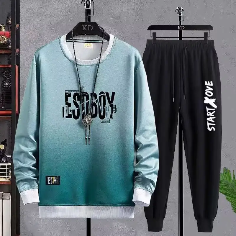 Men Korean Print Sweatshirt Set White Blue Black - Image 5