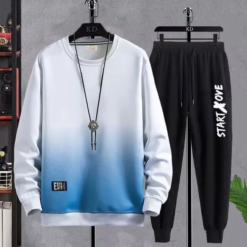 Men Korean Print Sweatshirt Set White Blue Black - Image 6