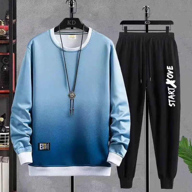 Men Korean Print Sweatshirt Set White Blue Black - Image 7