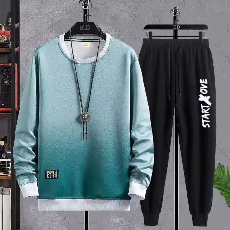 Men Korean Print Sweatshirt Set White Blue Black - Image 8