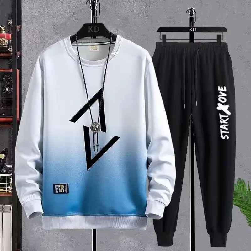 Men Korean Print Sweatshirt Set White Blue Black - Image 9