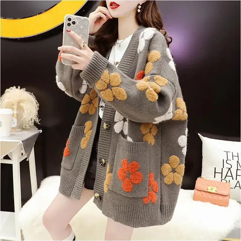 Women's Embroidered Floral Sweater Jacket Winter Casual - Image 2