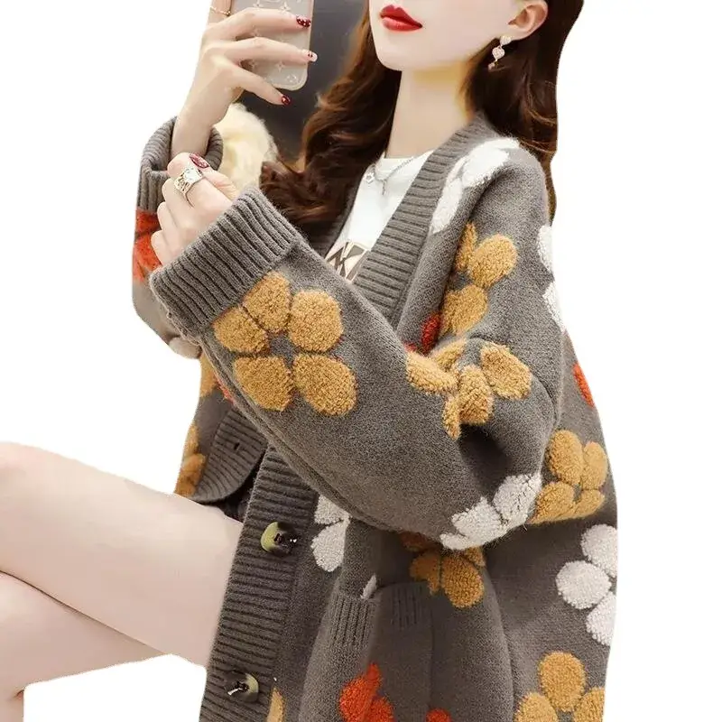 Women's Embroidered Floral Sweater Jacket Winter Casual - Image 6