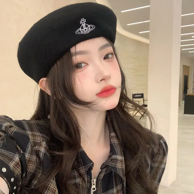 Women Wool Beret Winter Hat Black Plaid - Image 5