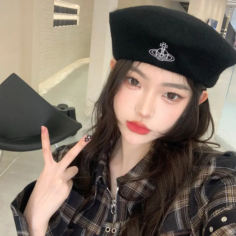 Women Wool Beret Winter Hat Black Plaid - Image 6