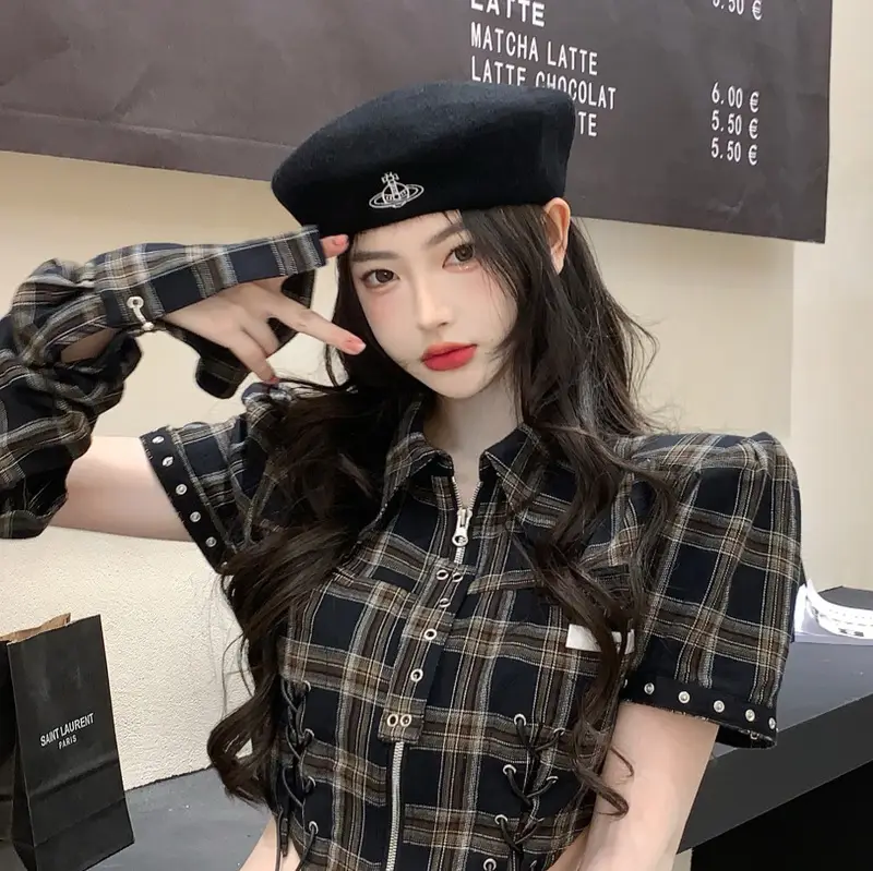 Women Wool Beret Winter Hat Black Plaid - Image 7