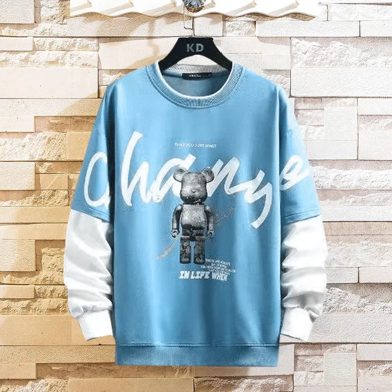 Men's Graphic Long Sleeve T-Shirt Blue White Kids Teen - Image 4