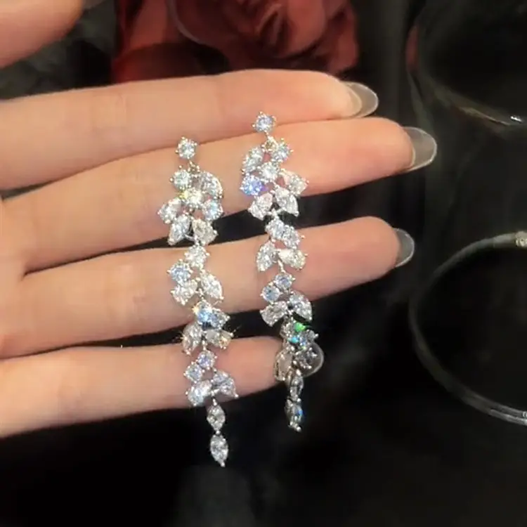 S925 Silver Needle Earrings with Zircon Leaf Tassel Design - Image 3