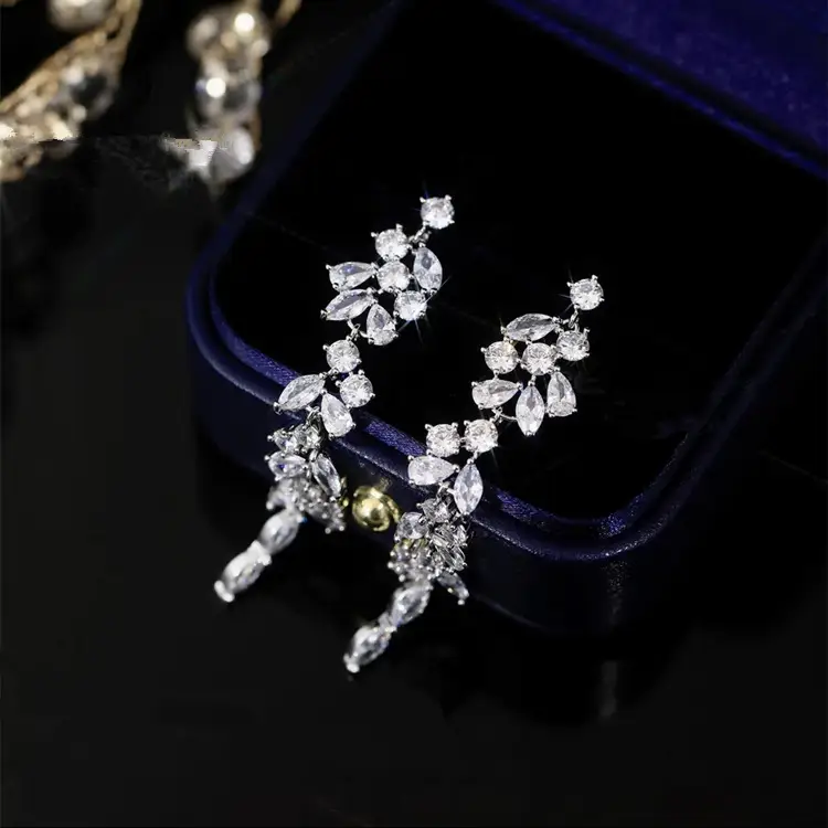 S925 Silver Needle Earrings with Zircon Leaf Tassel Design - Image 5