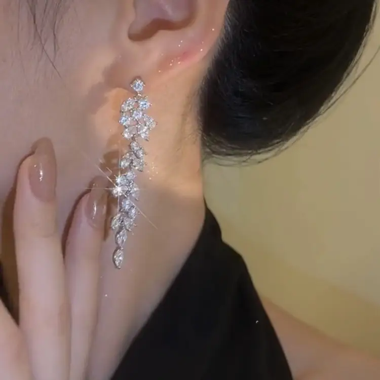 S925 Silver Needle Earrings with Zircon Leaf Tassel Design - Image 6