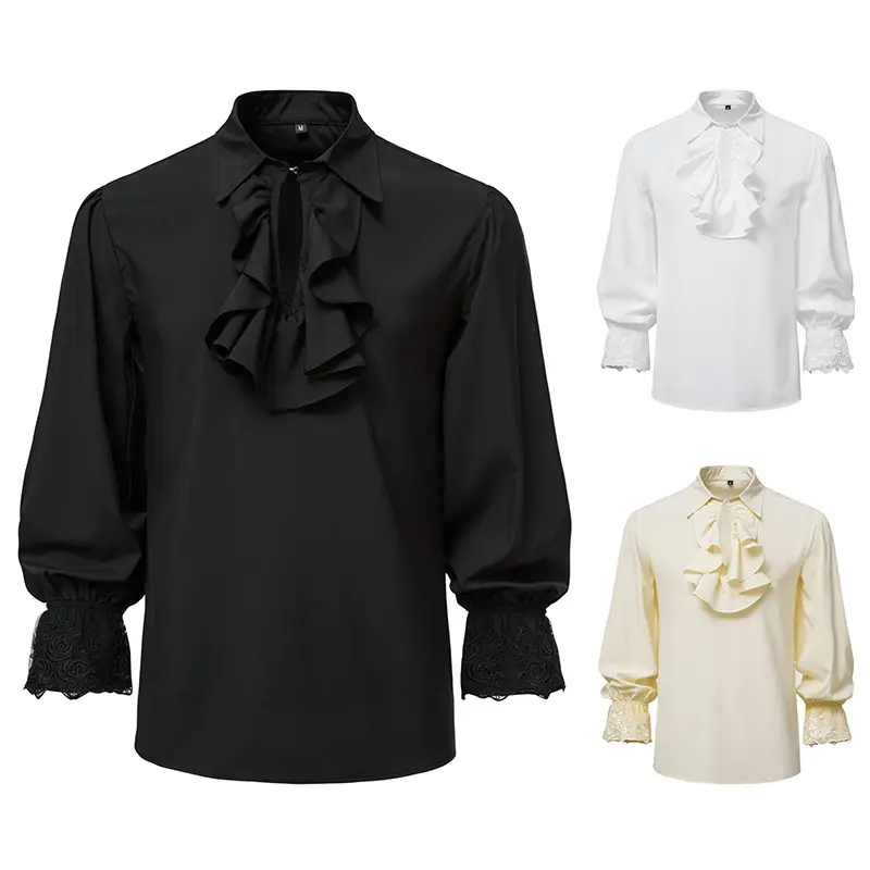 2025 Summer Men's Long Sleeve Steampunk Ruffled Shirt White Black Yellow - Image 5