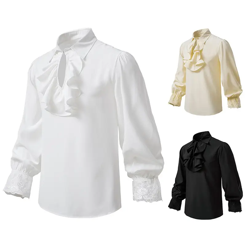2025 Summer Men's Long Sleeve Steampunk Ruffled Shirt White Black Yellow - Image 6