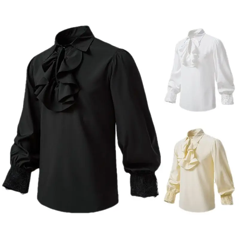 2025 Summer Men's Long Sleeve Steampunk Ruffled Shirt White Black Yellow - Image 8